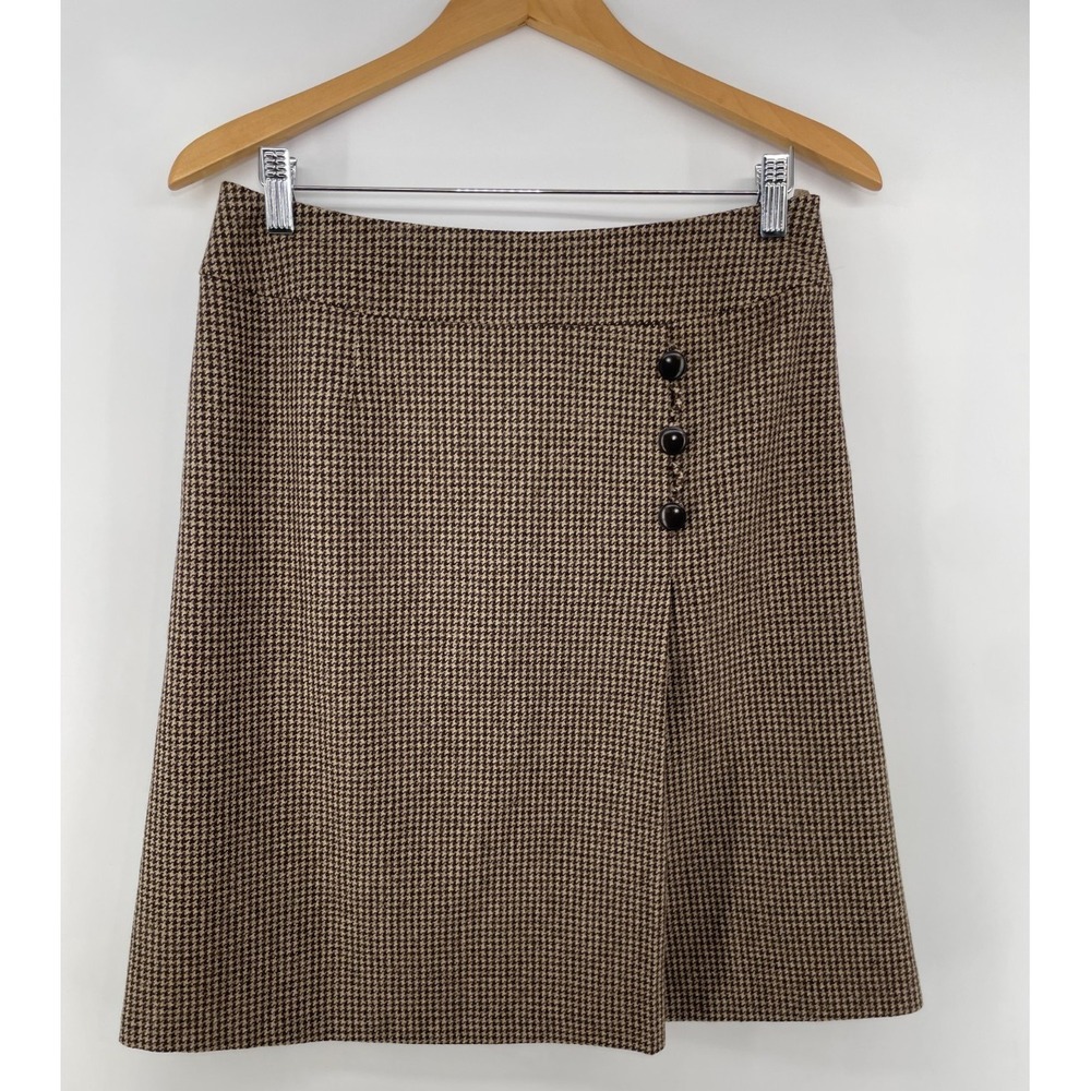 VTG Talbots 100% Wool Houndstooth Skirt Sz 10 Brown Buttons Preppy Academia Y2K